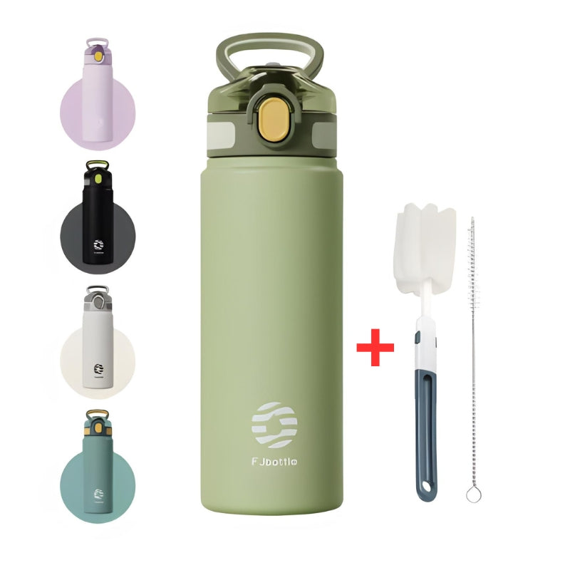 Isolierte Trinkflasche mit integriertem Strohhalm
